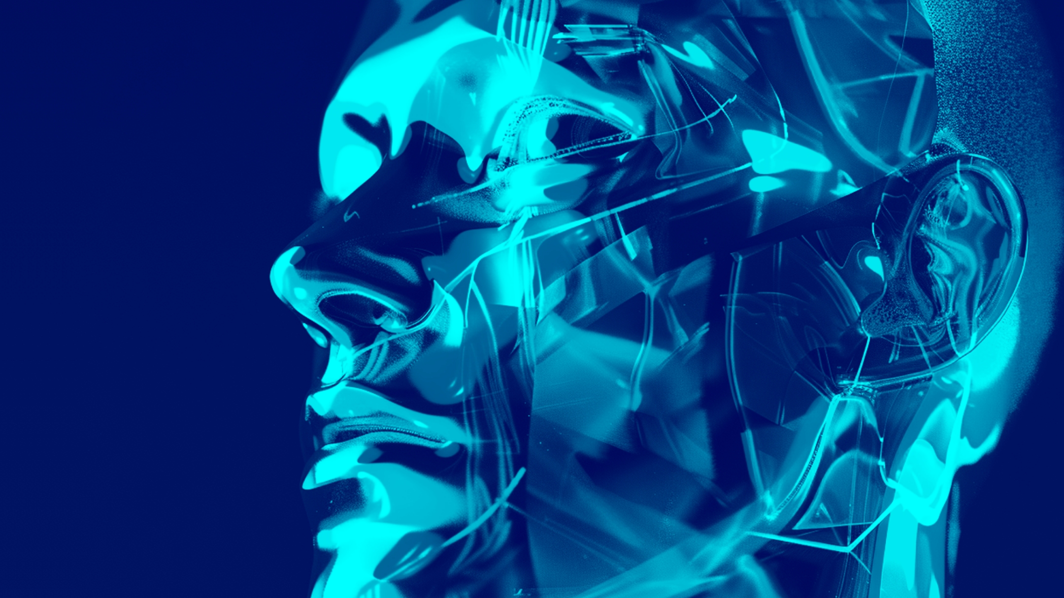 Blau eingefärbter Kopf von einer Mannequin mit dunkel blauem Hintergrund