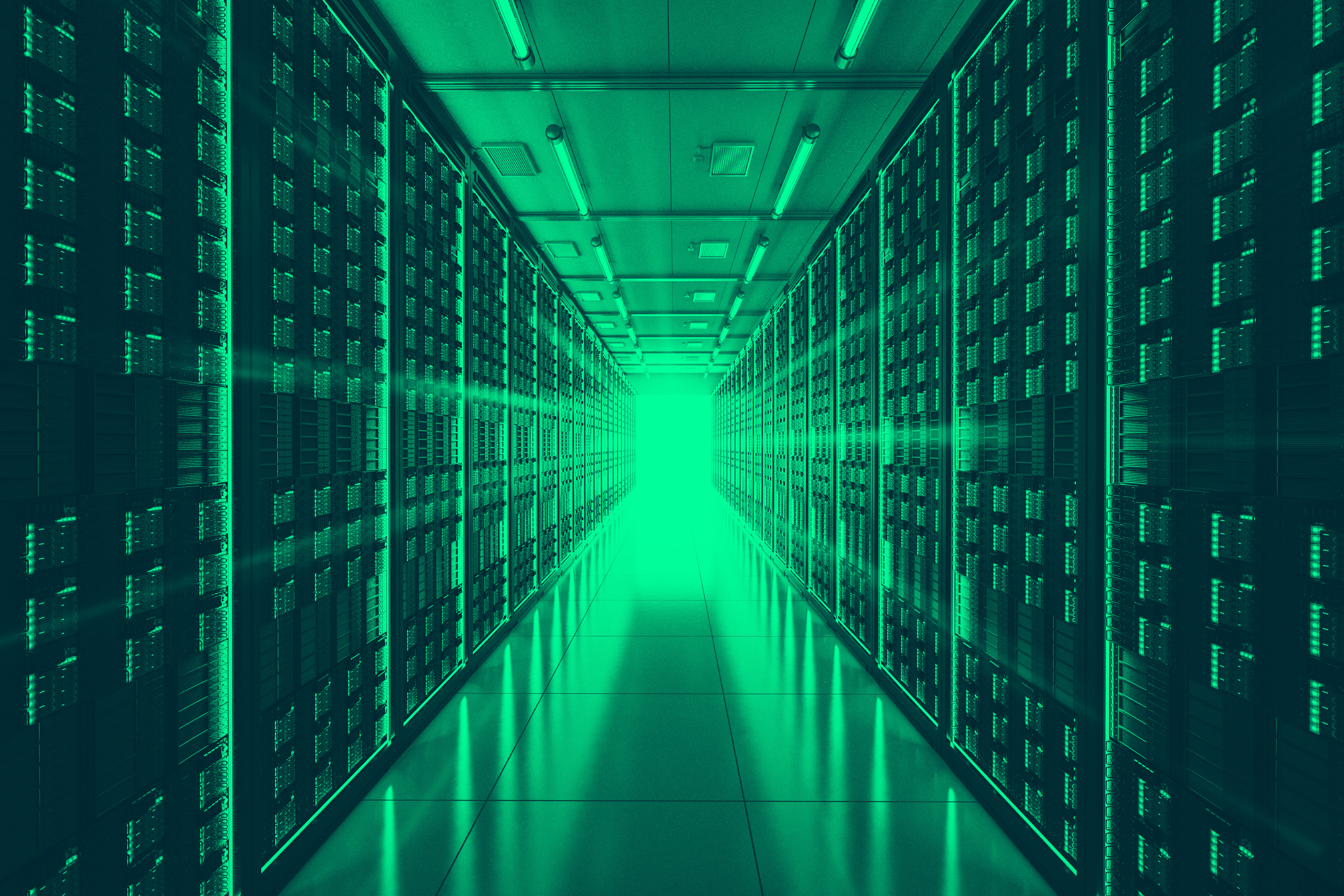 Auf dem Bild ist ein Rechenzentrum von innen zu sehen, ein Serverraum. 
